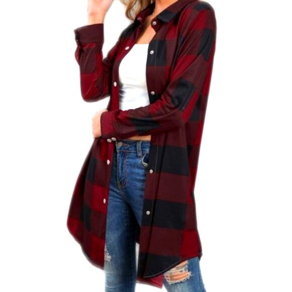 Thread + Supply long line button up thin flannel red/black buffalo check top S - Picture 2 of 7